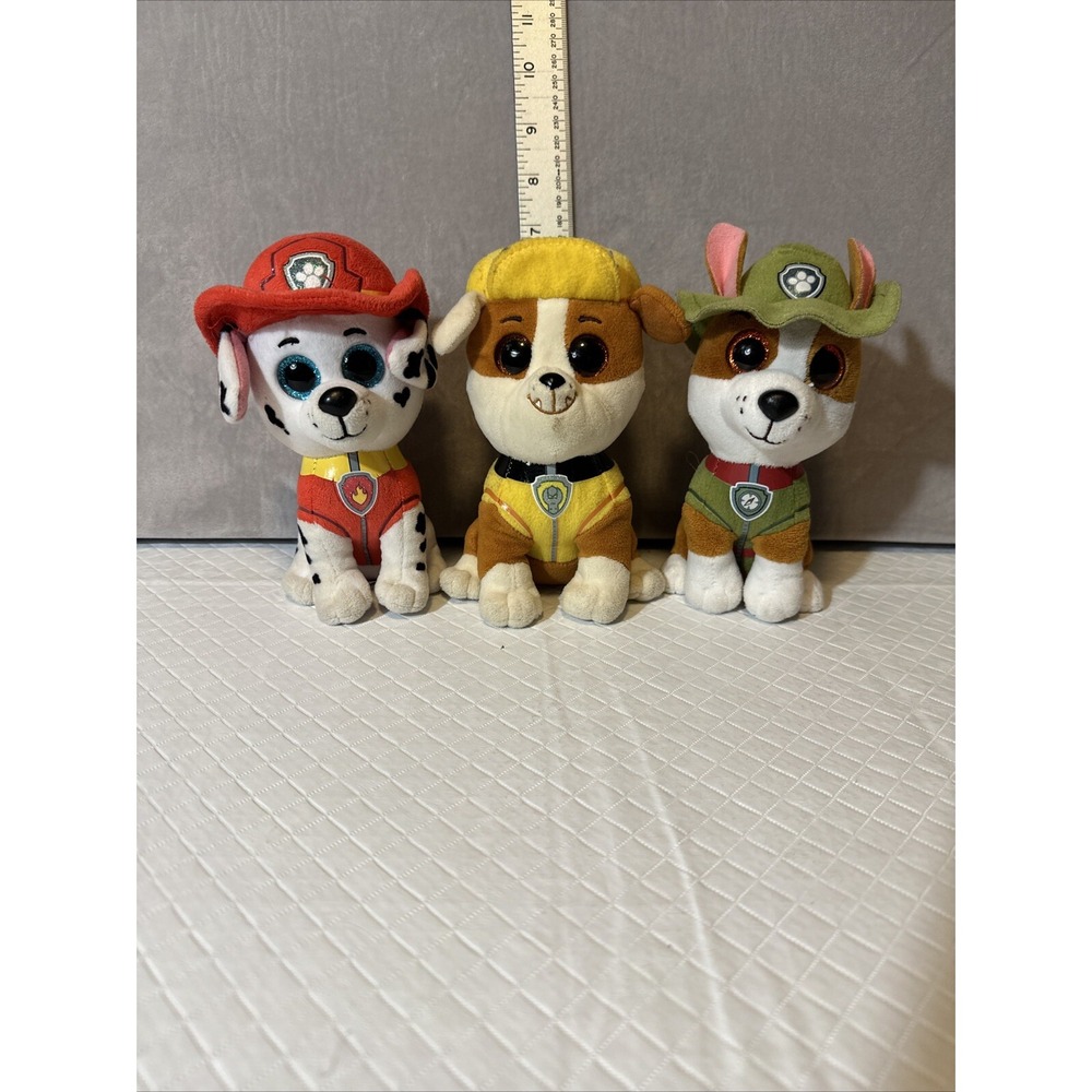 TY Paw Patrol Beanie Boo Dogs Marshall, Rubble, Tracker Plush 6" Sparkle Eyes